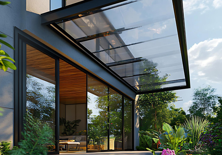 large glass covered patio with a table and chairs